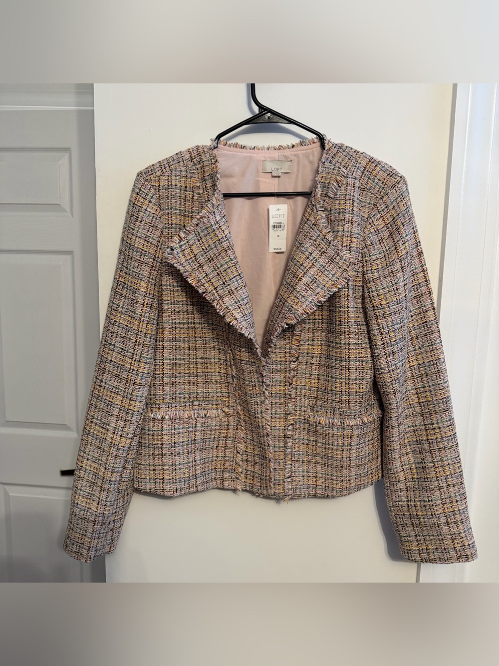 LOFT Pink Multi-Color Tweed Blazer with‎ Fringe Trim